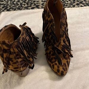 Faux suede leopard print fringe bootie